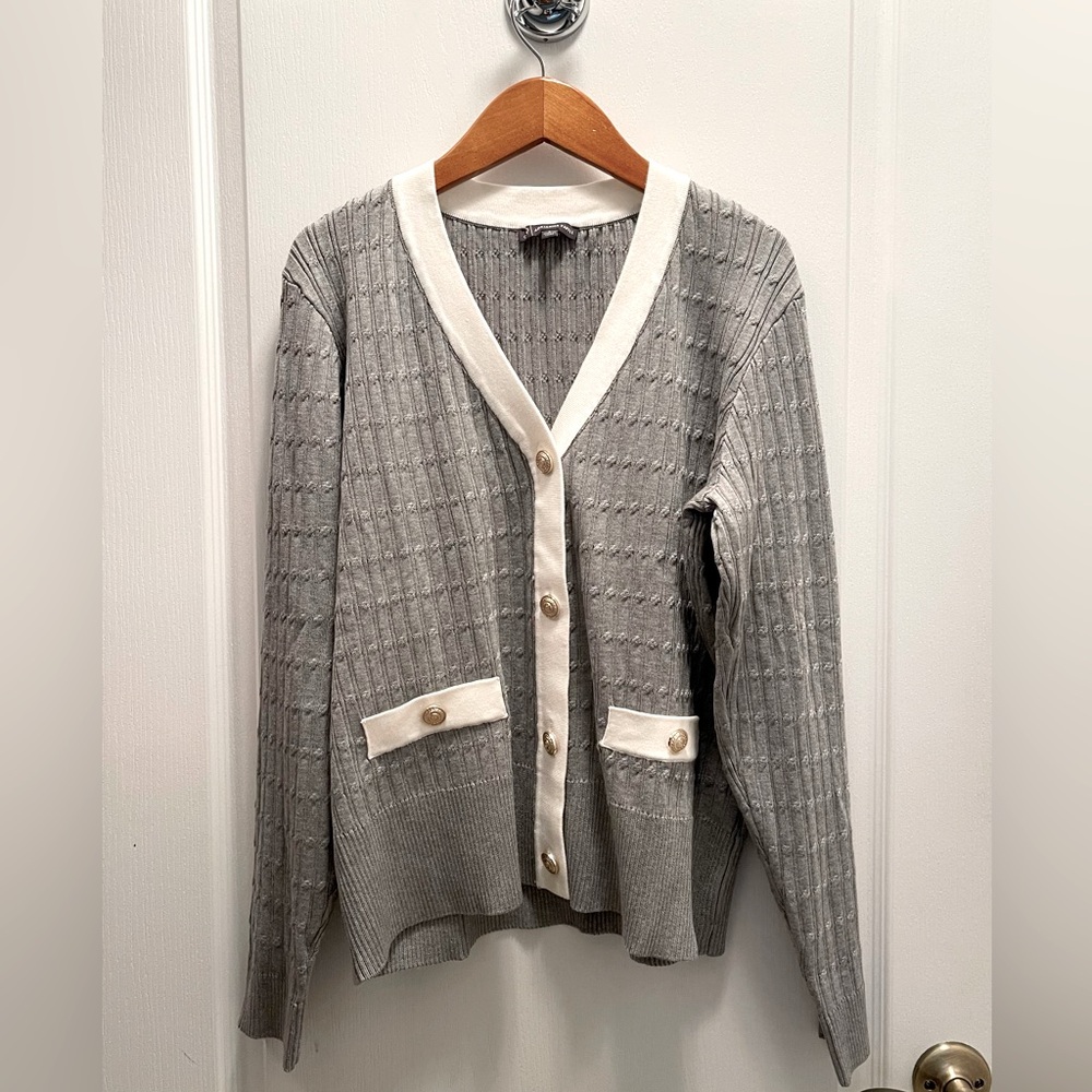 Adrianna Papell Gray and Cream Buttoned Cardigan